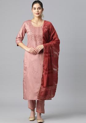 Peach Yoke Design Silk Kurta Set