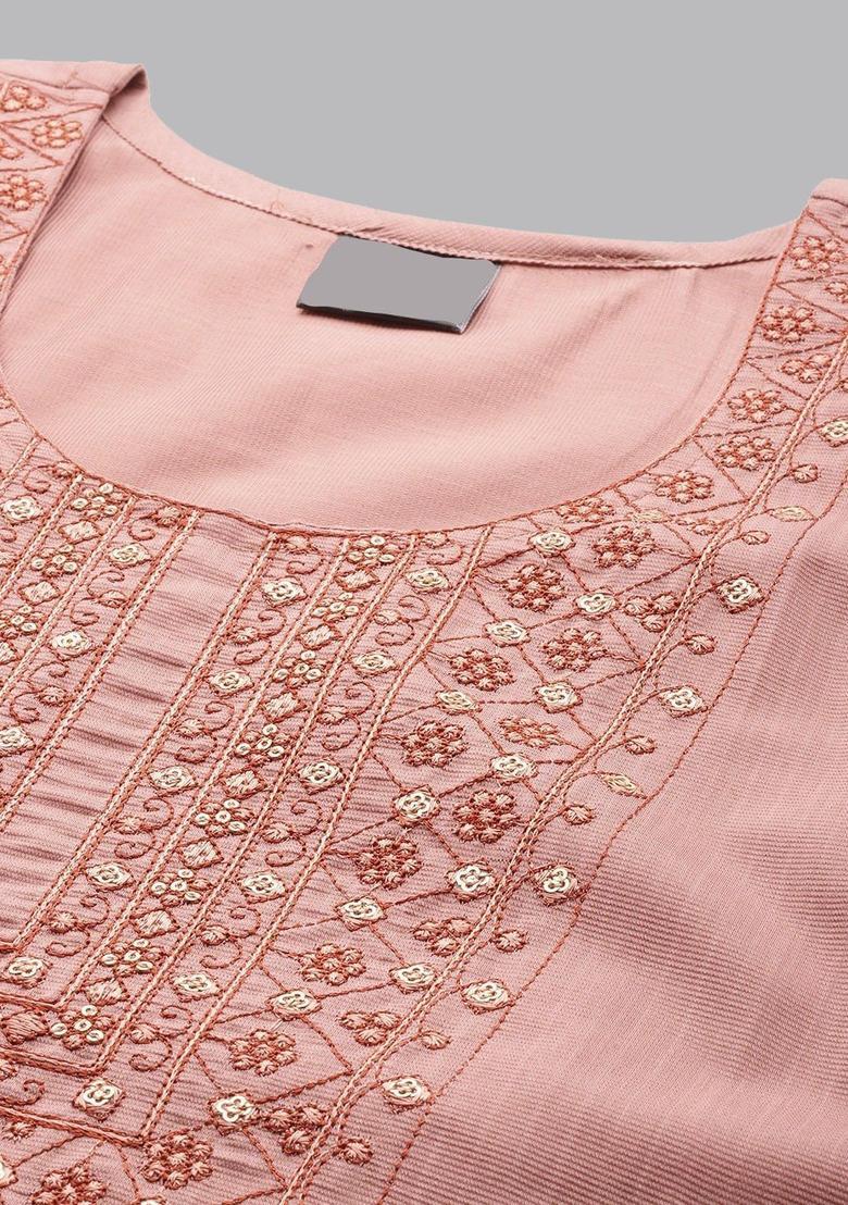 Peach Yoke Design Silk Kurta Set - Indya