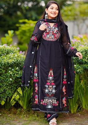 Black Embroidered Georgette Kurta Set