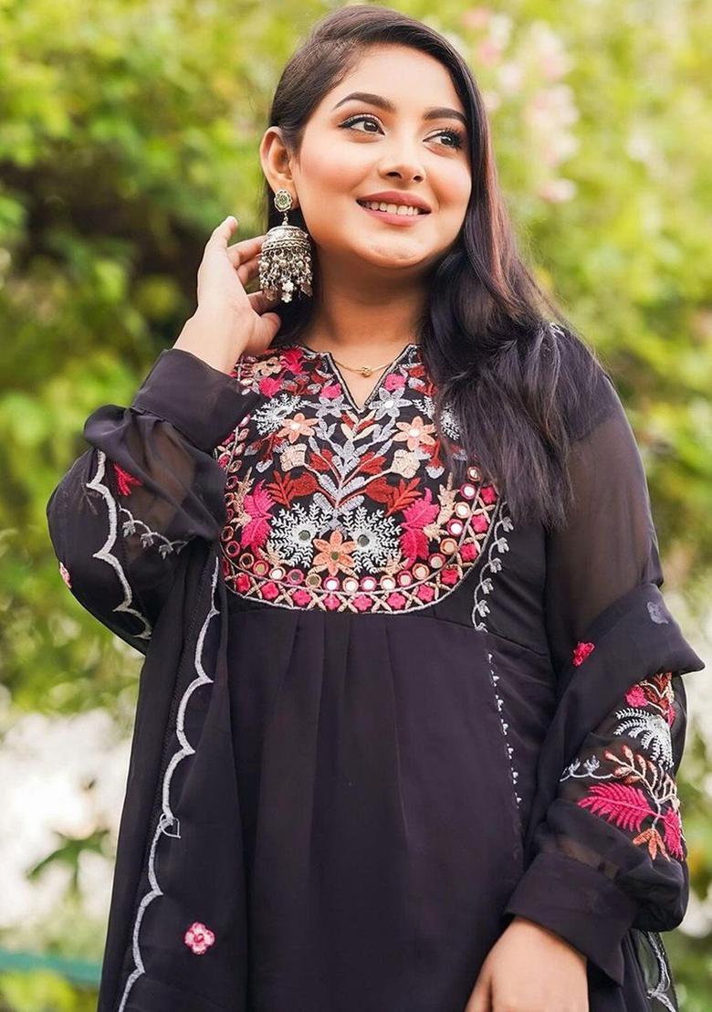 Black Embroidered Georgette Kurta Set - Indya