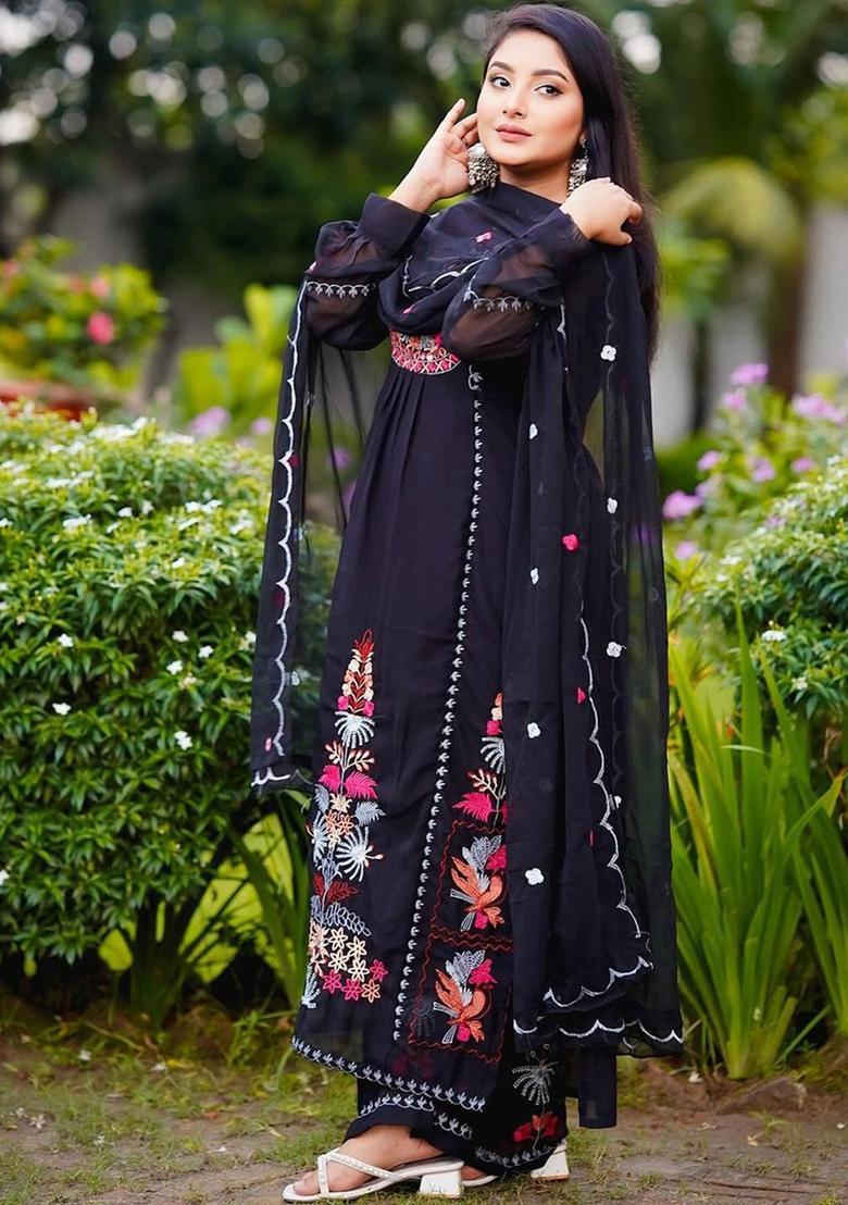 Black Embroidered Georgette Kurta Set - Indya