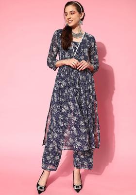 Navy Blue Printed Silk Blend Kurta Set