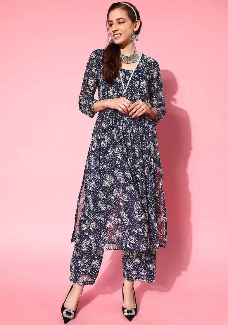 Navy Blue Printed Silk Kurta Set - Indya