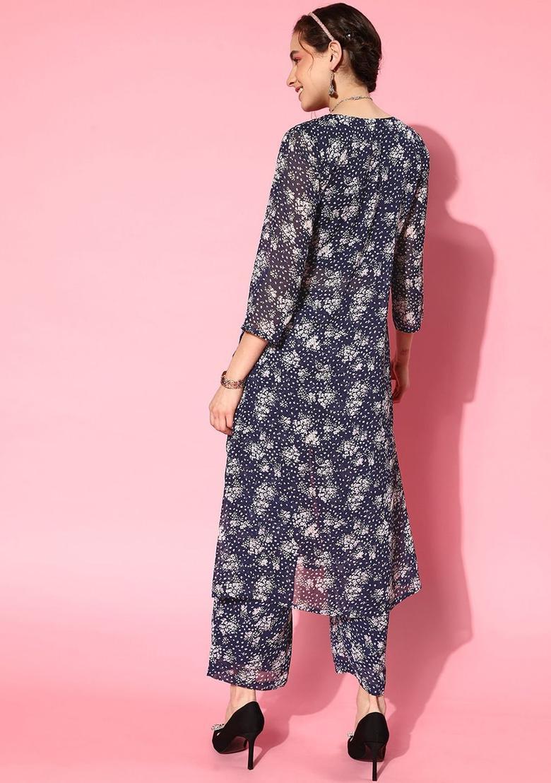 Navy Blue Printed Silk Kurta Set - Indya