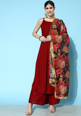 Maroon Solid Viscose Kurta Set