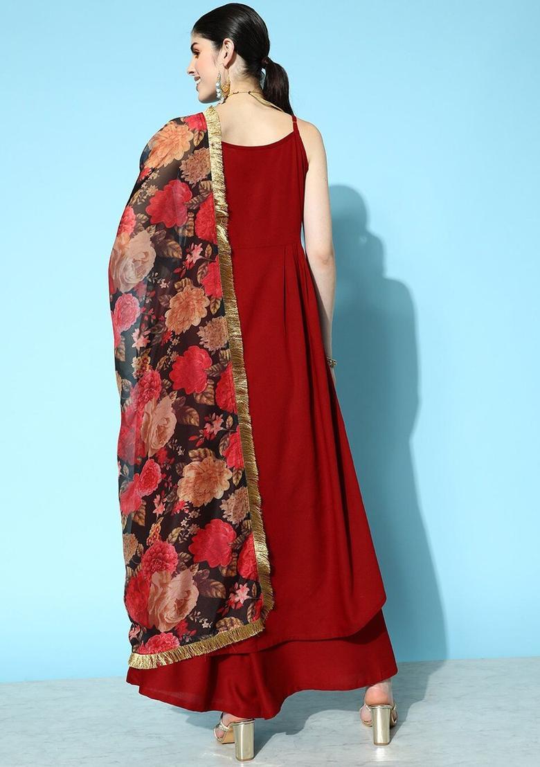 Maroon Solid Viscose Kurta Set - Indya