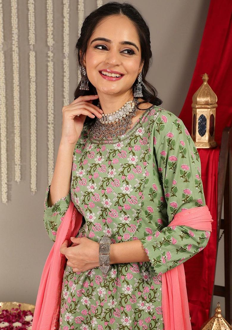 Green Printed Cotton Kurta Set - Indya