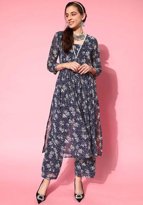 Navy Blue Printed Silk Blend Kurta Set