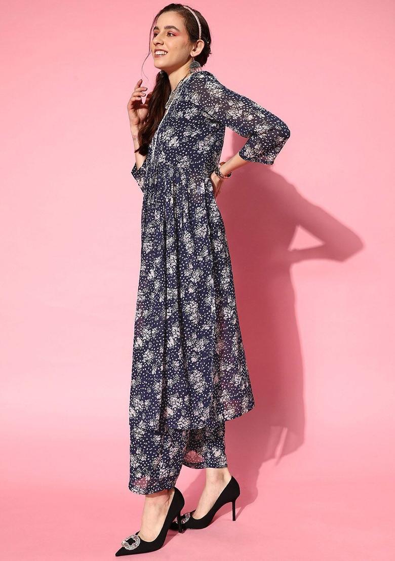 Navy Blue Printed Silk Kurta Set - Indya