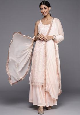 Peach Embroidered Net Kurta Set