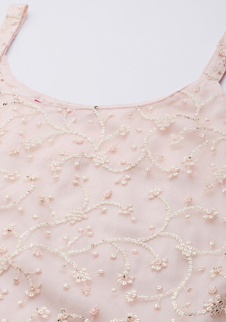 Peach Embroidered Net Kurta Set - Indya