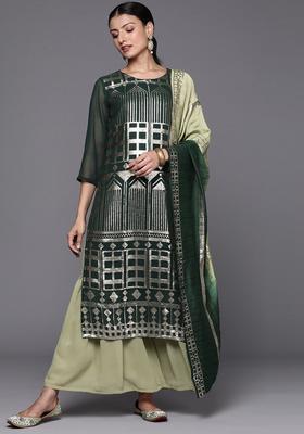 Green Woven Design Silk Blend Kurta Set