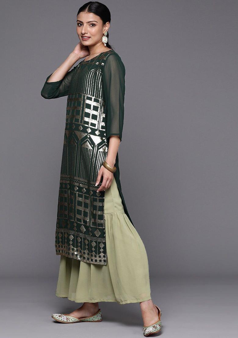Green Woven Design Silk Kurta Set - Indya