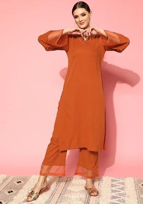 Rust Solid Silk Kurta Set