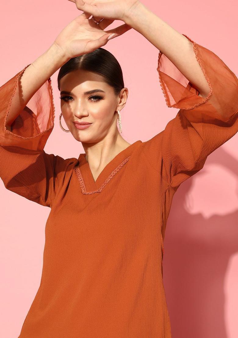 Rust Solid Silk Kurta Set - Indya