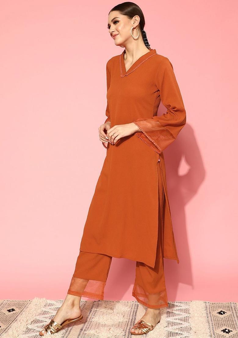 Rust Solid Silk Kurta Set - Indya