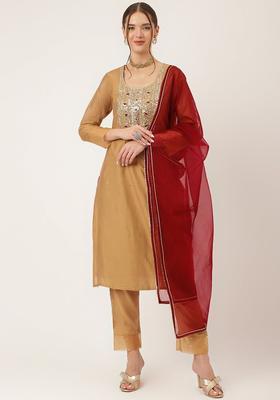 Brown Yoke Design Silk Blend Kurta Set