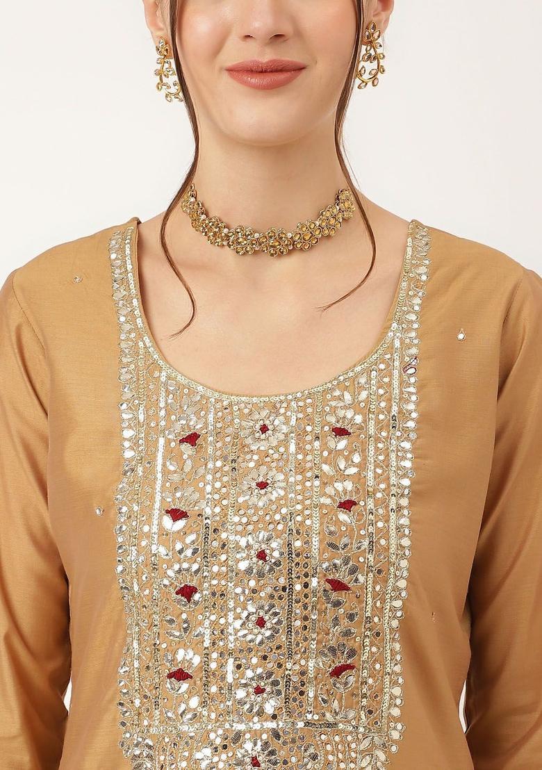 Brown Yoke Design Silk Kurta Set - Indya