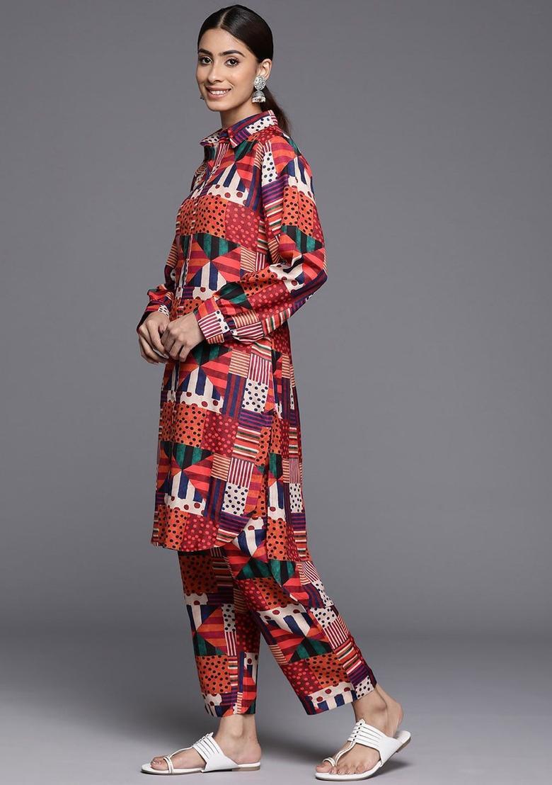 Orange Printed Cotton Kurta Set - Indya