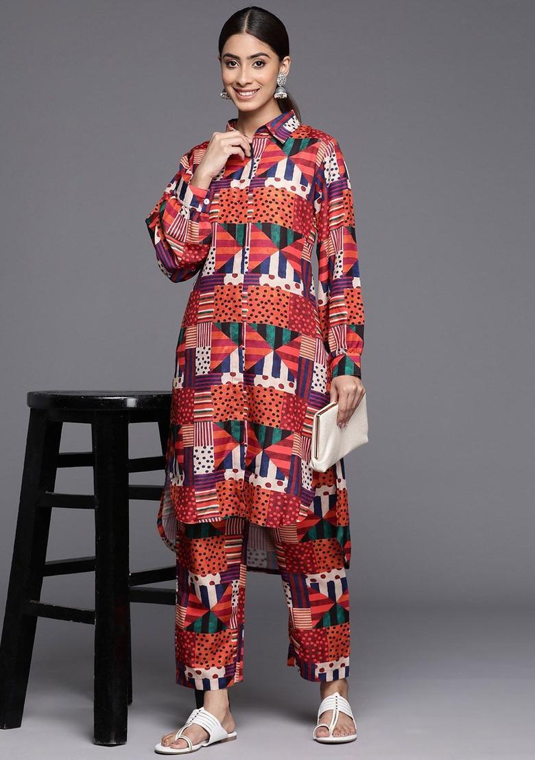 Orange Printed Cotton Kurta Set - Indya