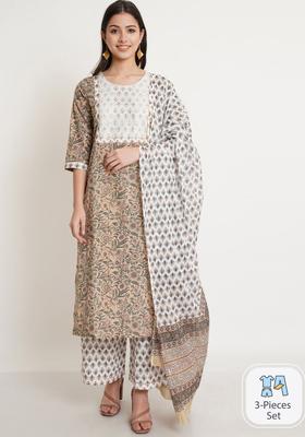 Beige Printed Cotton Kurta Set
