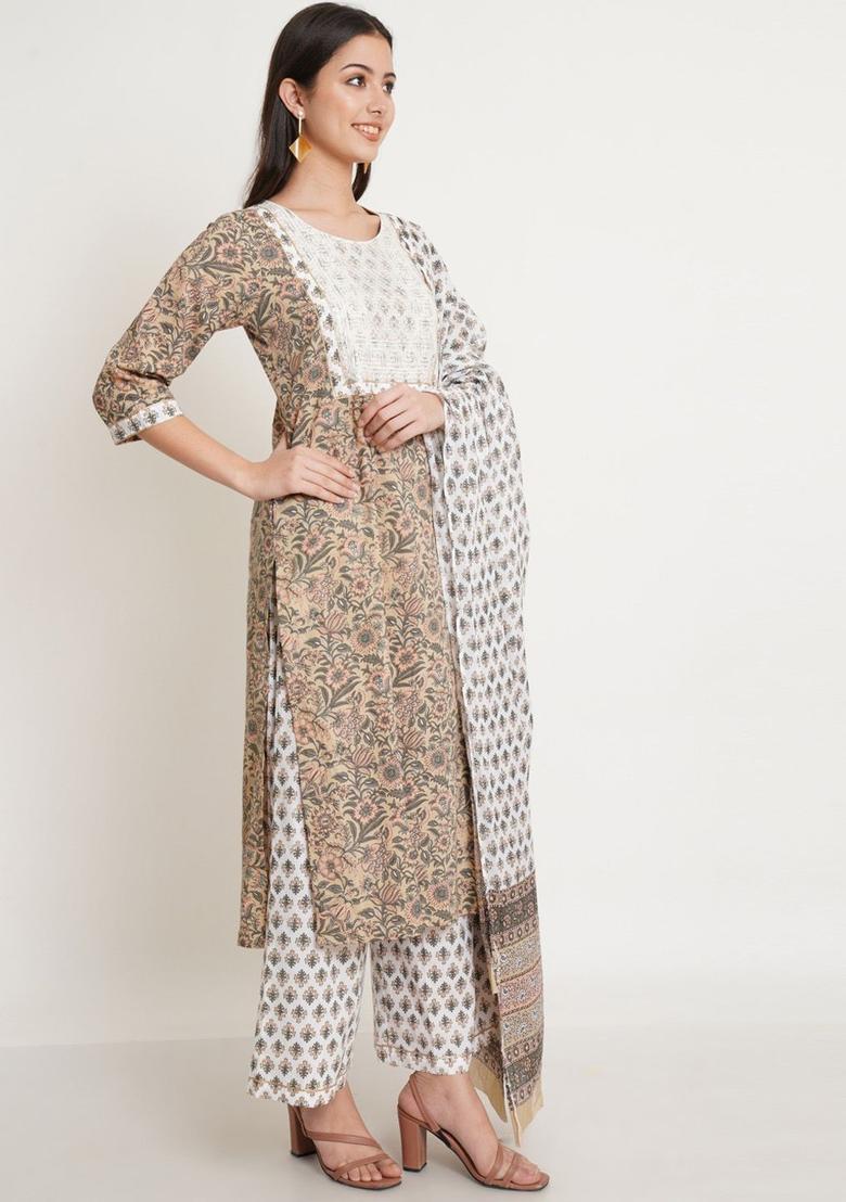 Beige Printed Cotton Kurta Set - Indya
