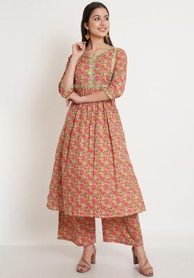 Beige Printed Cotton Kurta Set