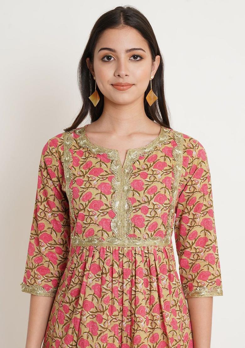 Beige Printed Cotton Kurta Set - Indya