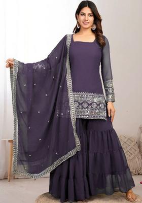 Purple Embroidered Georgette Kurta Set