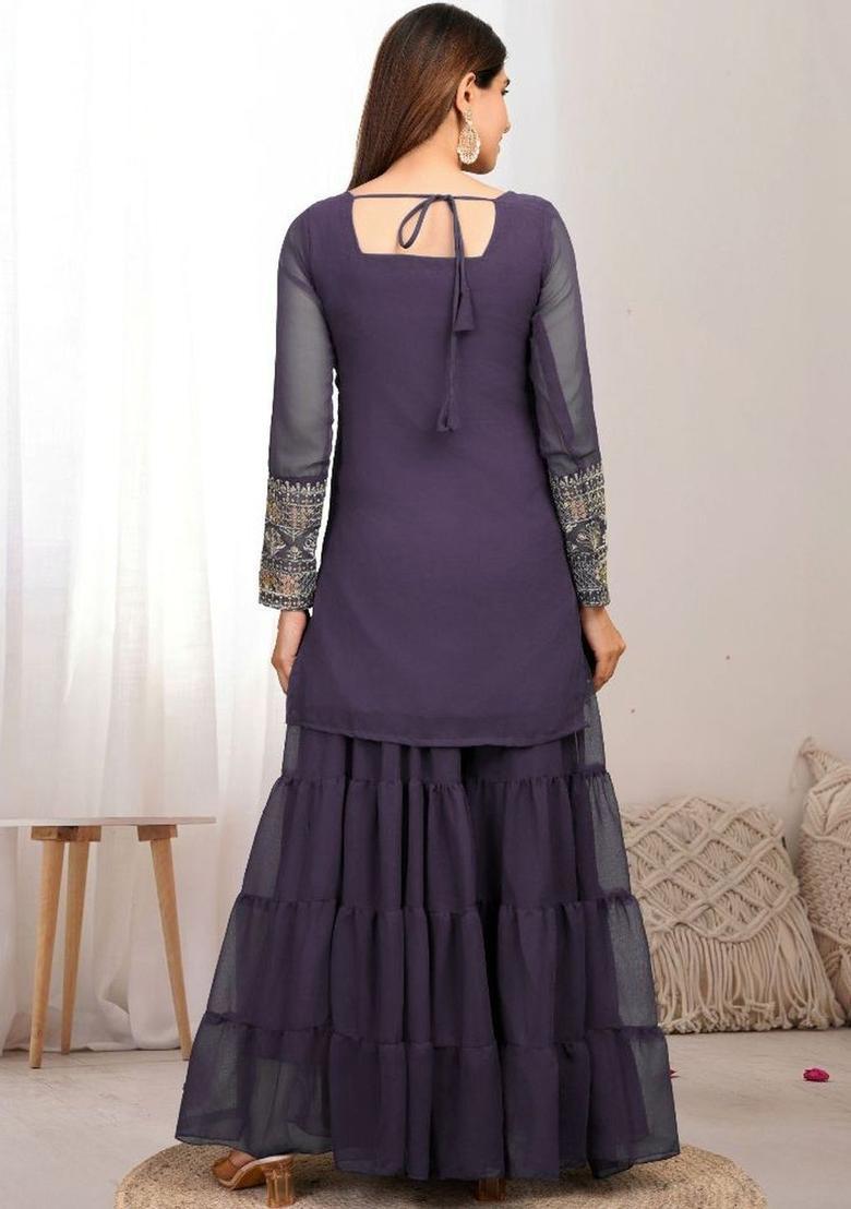 Purple Embroidered Georgette Kurta Set - Indya