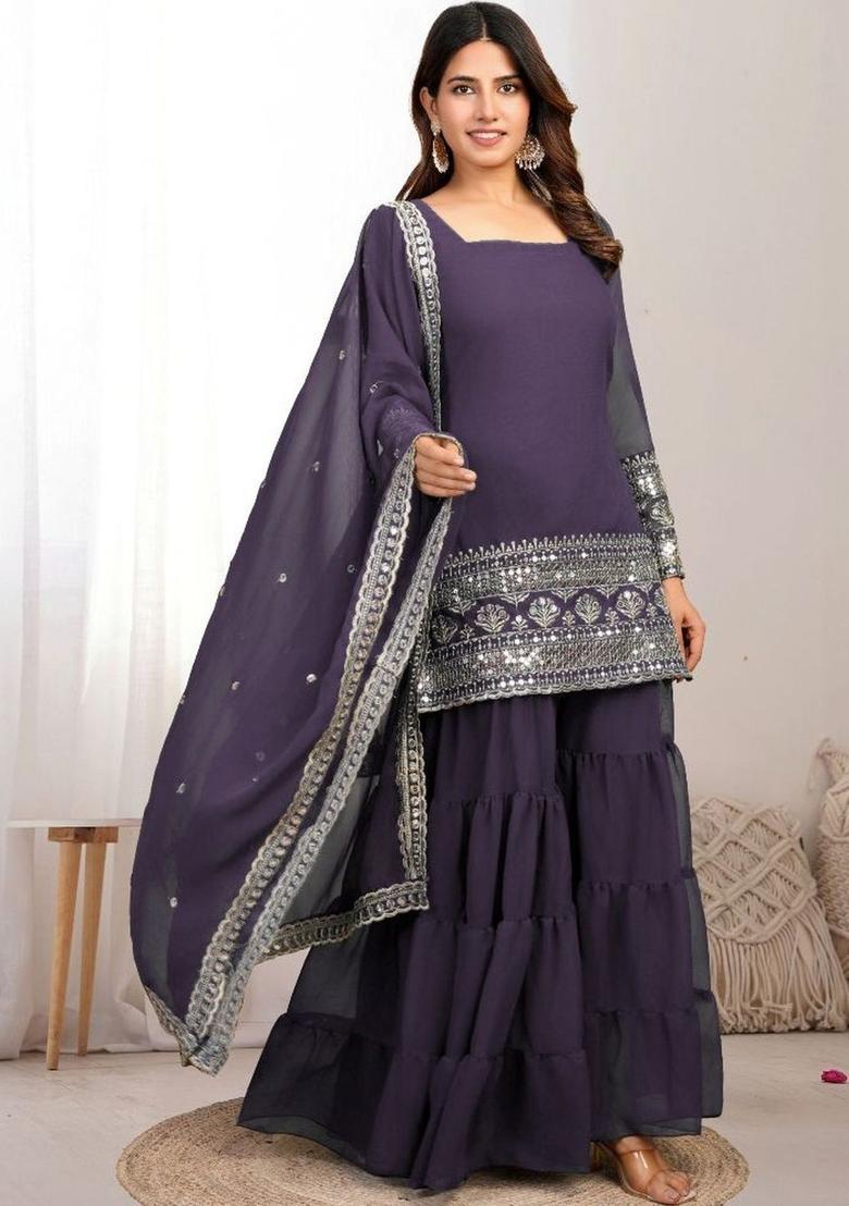 Purple Embroidered Georgette Kurta Set - Indya