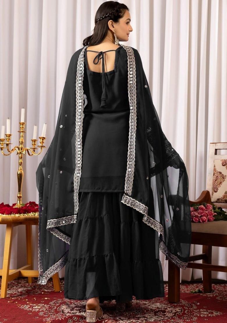 Black Embroidered Georgette Kurta Set - Indya