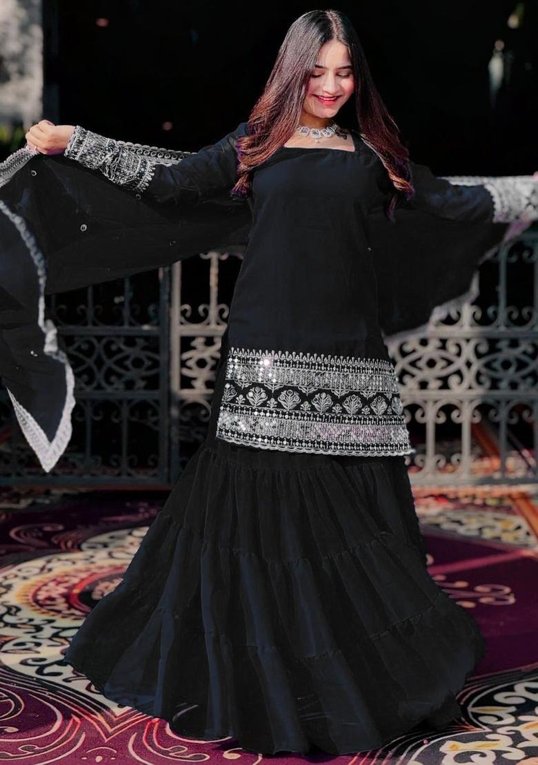 Black Embroidered Georgette Kurta Set - Indya