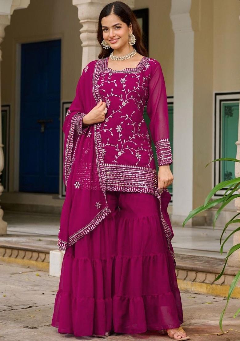 Magenta Embroidered Georgette Kurta Set - Indya