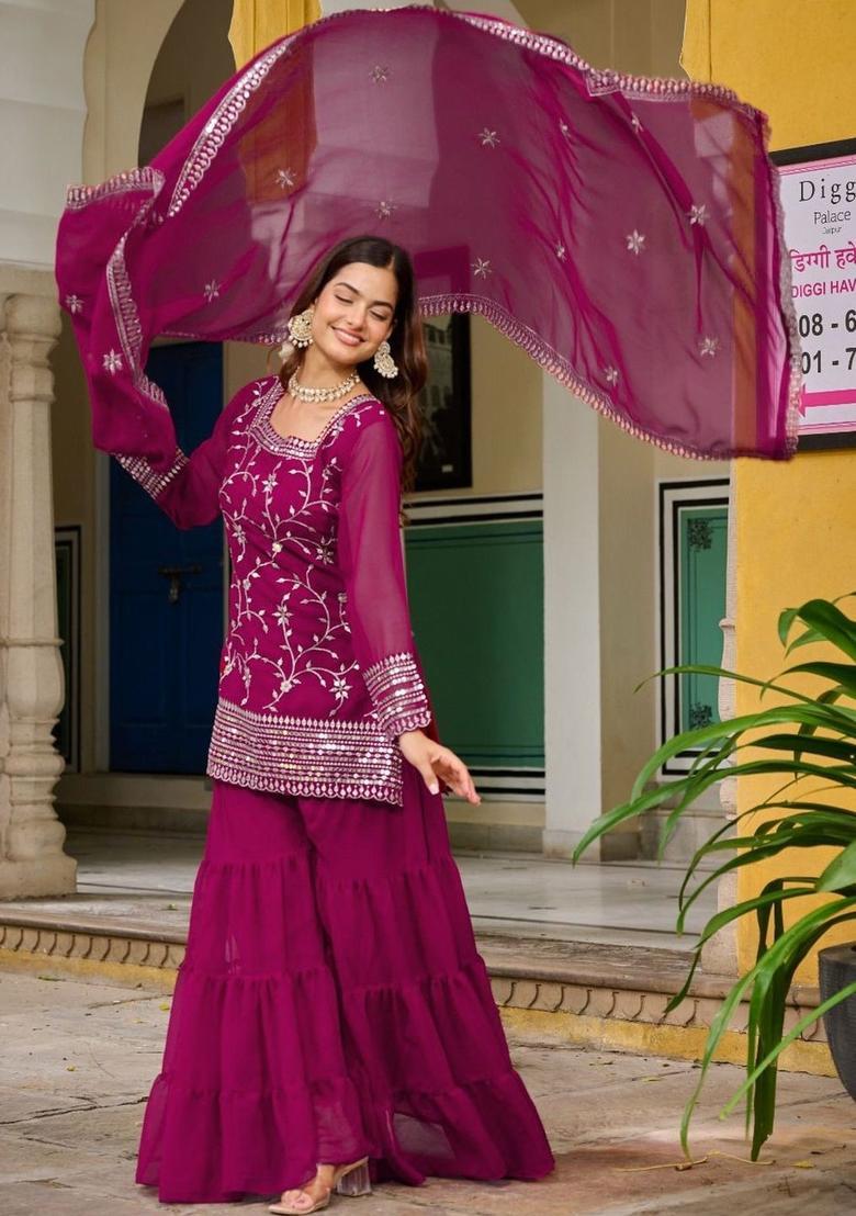 Magenta Embroidered Georgette Kurta Set - Indya