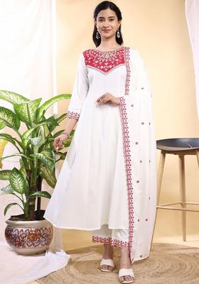 Off White Embroidered Silk Kurta Set