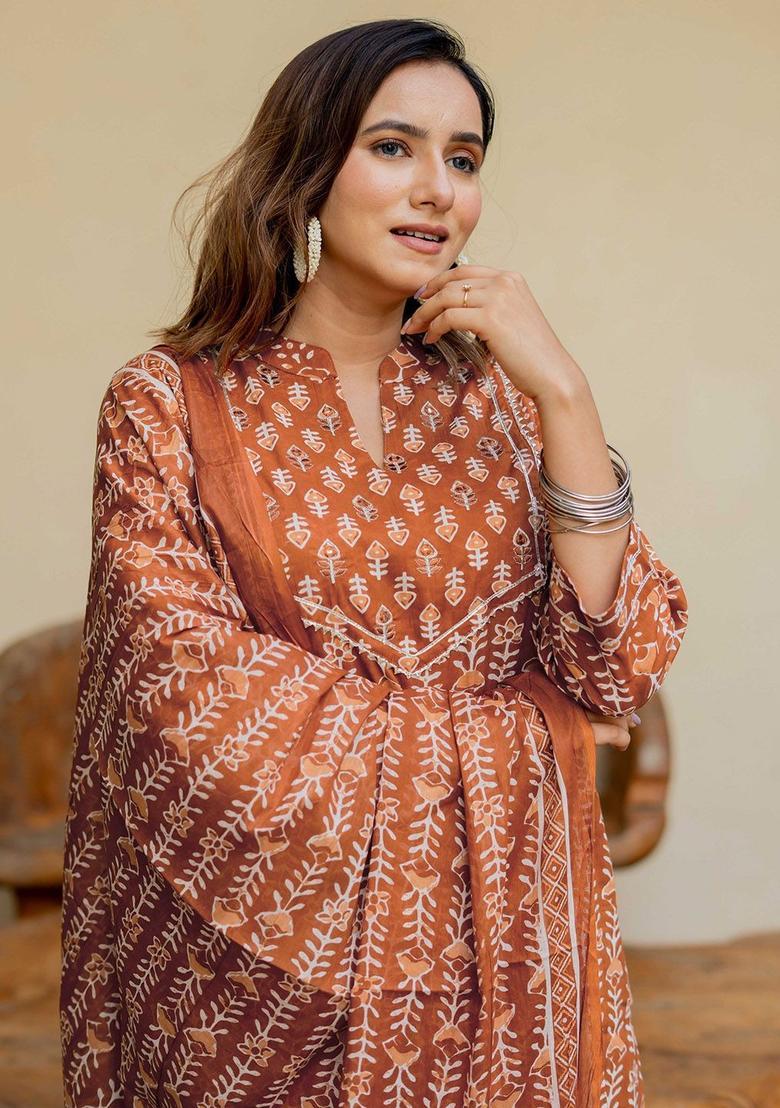 Rust Printed Cotton Kurta Set - Indya