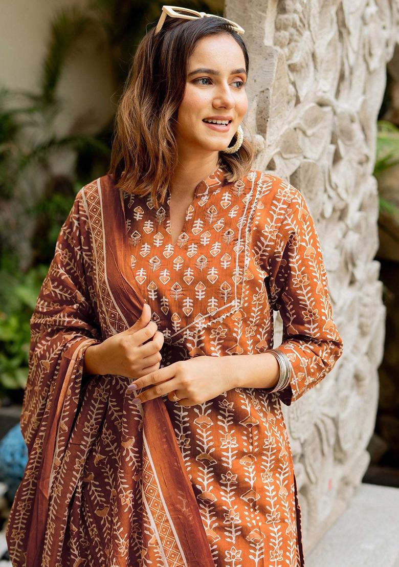 Rust Printed Cotton Kurta Set - Indya