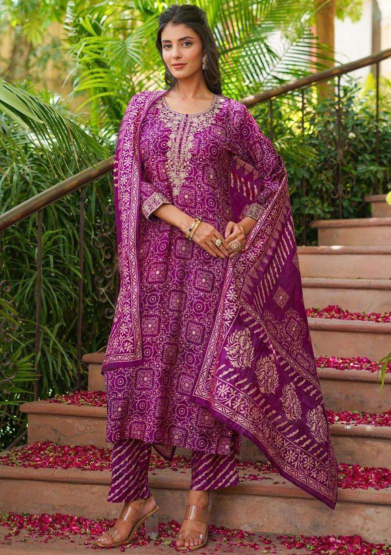 Purple Embroidered Silk Kurta Set - Indya