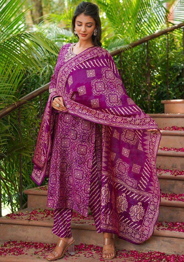 Purple Embroidered Silk Kurta Set - Indya