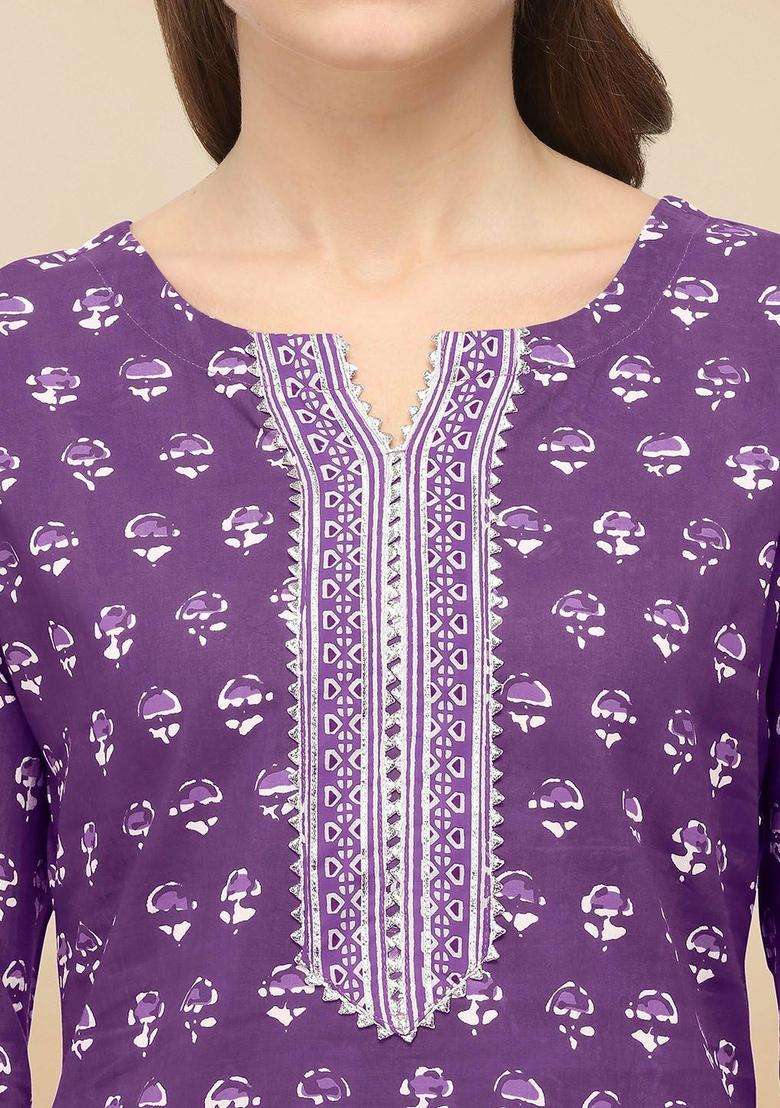 Purple Printed Cotton Kurta Set - Indya