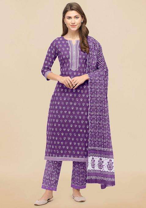 Purple Printed Cotton Kurta Set