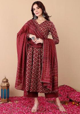 Red Printed Viscose Anarkali Set