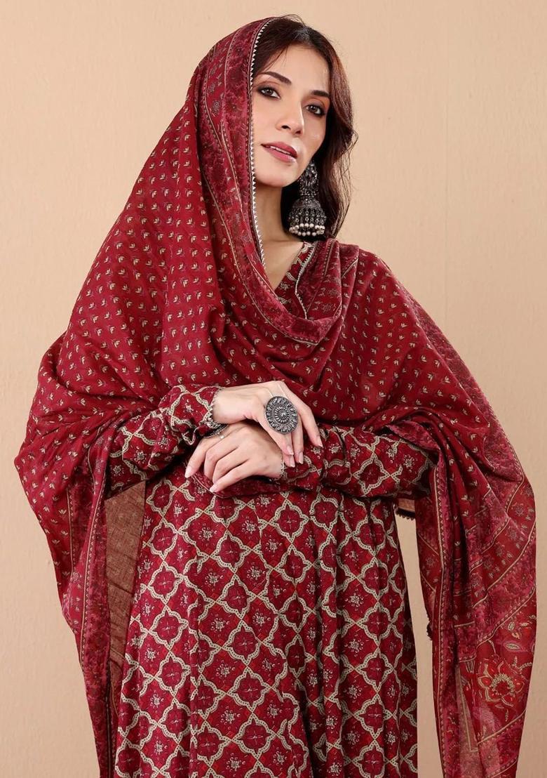 Red Printed Viscose Anarkali Set - Indya