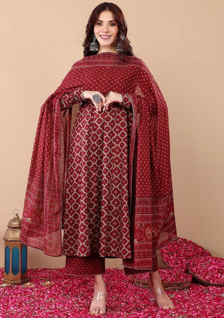 Red Printed Viscose Anarkali Set - Indya