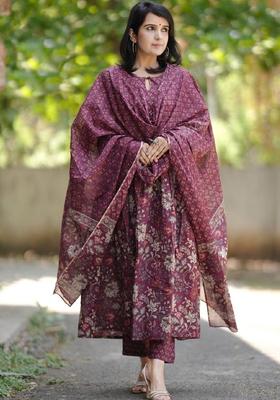 Maroon Printed Viscose Anarkali Set