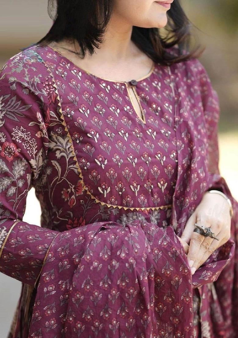 Maroon Printed Viscose Anarkali Set - Indya