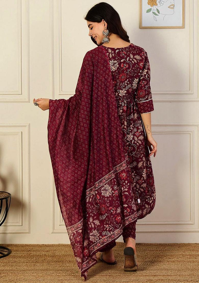 Maroon Printed Viscose Anarkali Set - Indya