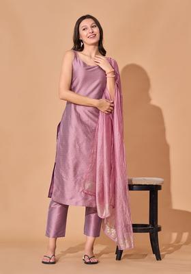 Lavender Woven Design Silk Blend Kurta Set