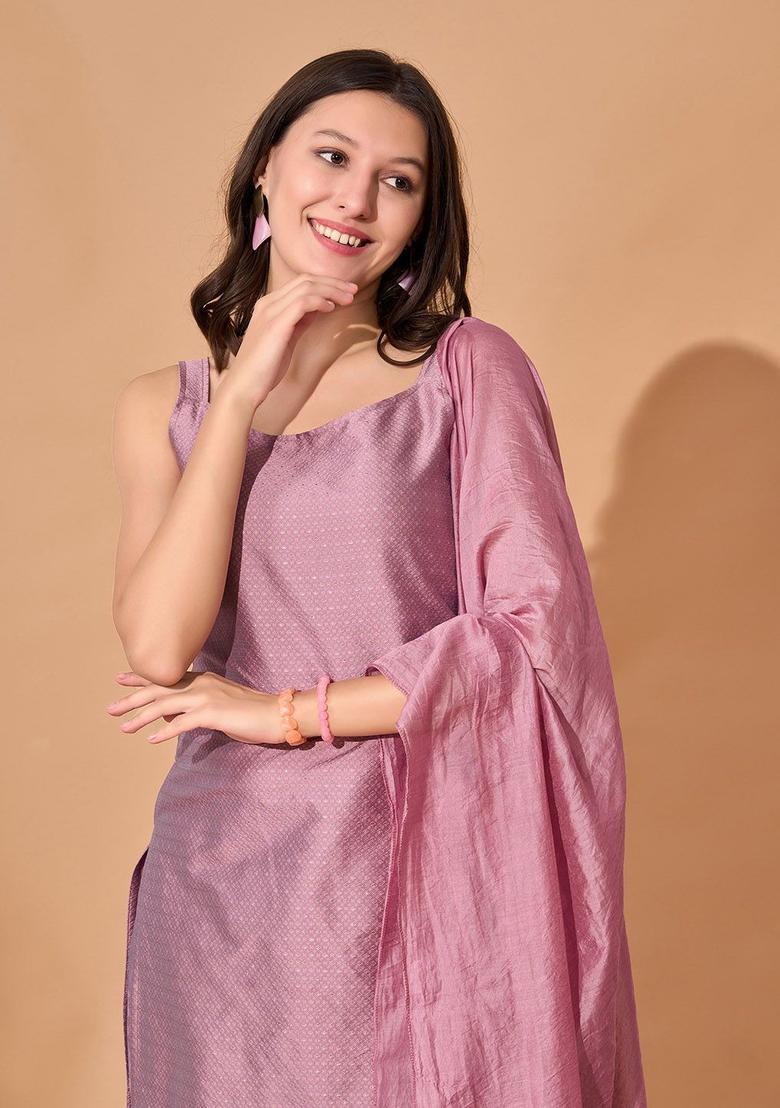 Lavender Woven Design Silk Kurta Set - Indya